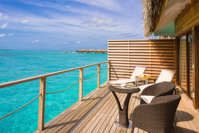 Home 18 Brown Wicker Chairs and Table Beside Body of Water